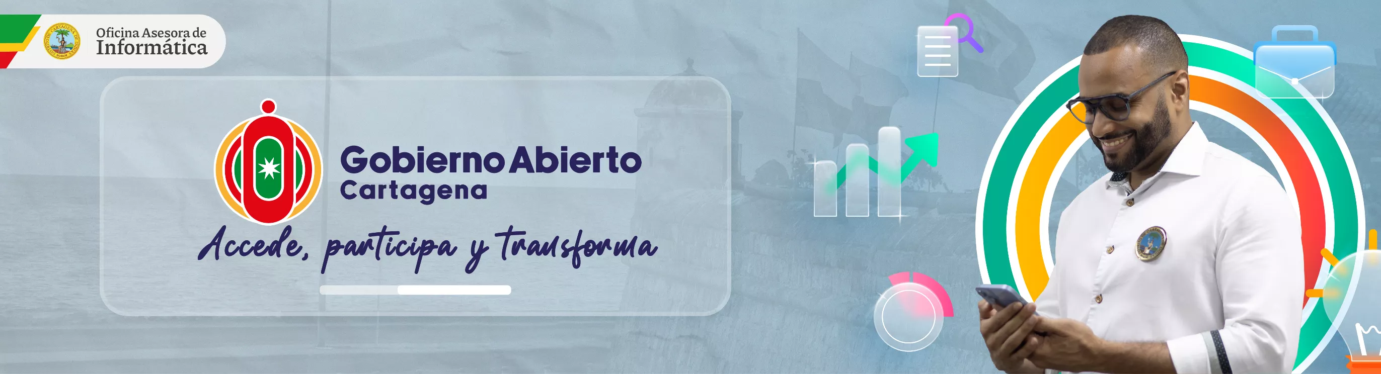 Imagen del Banner de Gobierno Abierto Cartagena, Accede, Participa y tranforma. 